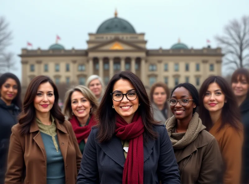 A digitally enhanced image showing a diverse group of women standing in front of the German Bundestag building, symbolizing female representation in politics.