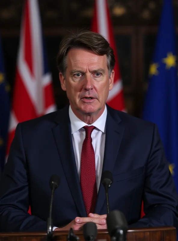 Keir Starmer speaking at a podium with flags in the background