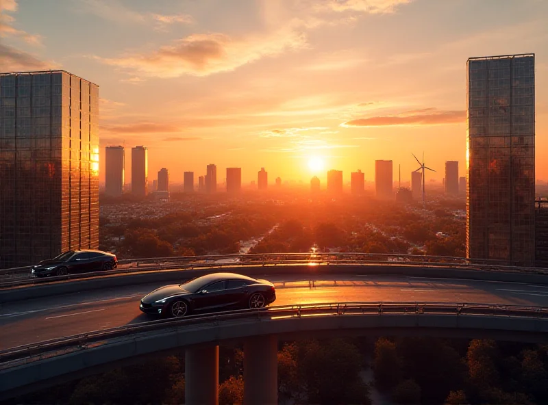 A futuristic cityscape with electric cars and renewable energy infrastructure.