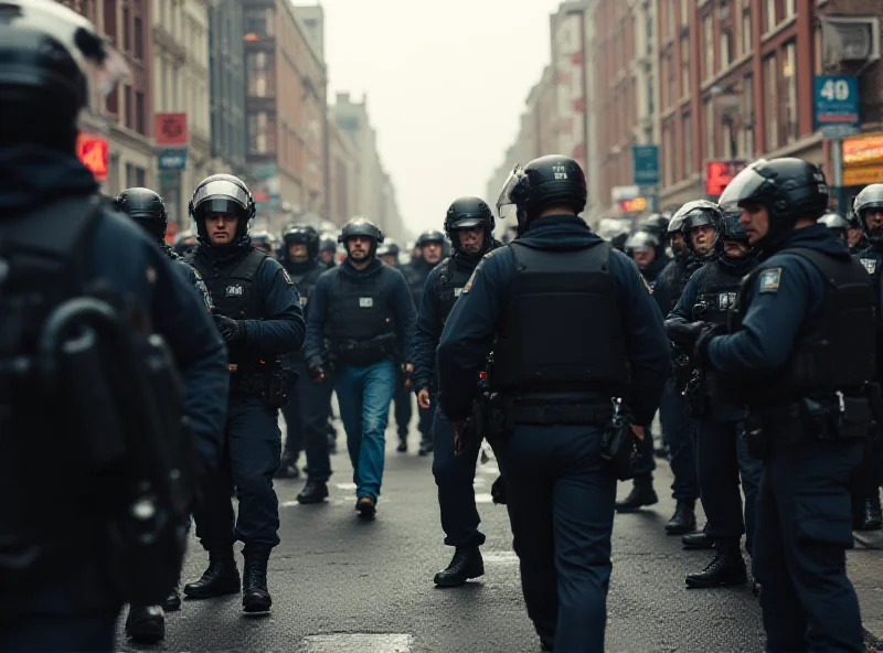 A chaotic street scene with police officers confronting a group of civilians during a daytime brawl.