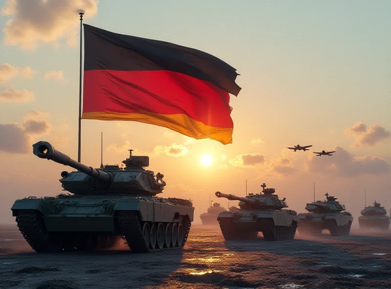 A digitally generated image of the German flag flying over a modern military base, symbolizing Germany's commitment to defense.