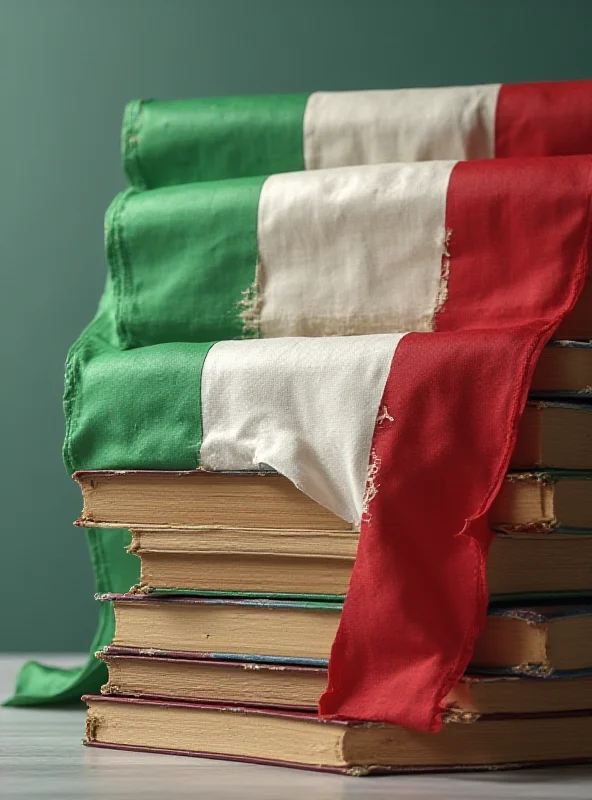 A digitally generated image of the Italian flag draped over a stack of medical textbooks, symbolizing the debate over medical enrollment policies in Italy.