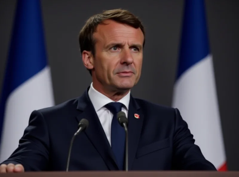 Emmanuel Macron giving a speech in front of a French flag