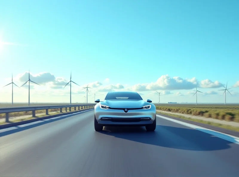 A futuristic electric car driving on a European highway with wind turbines in the background