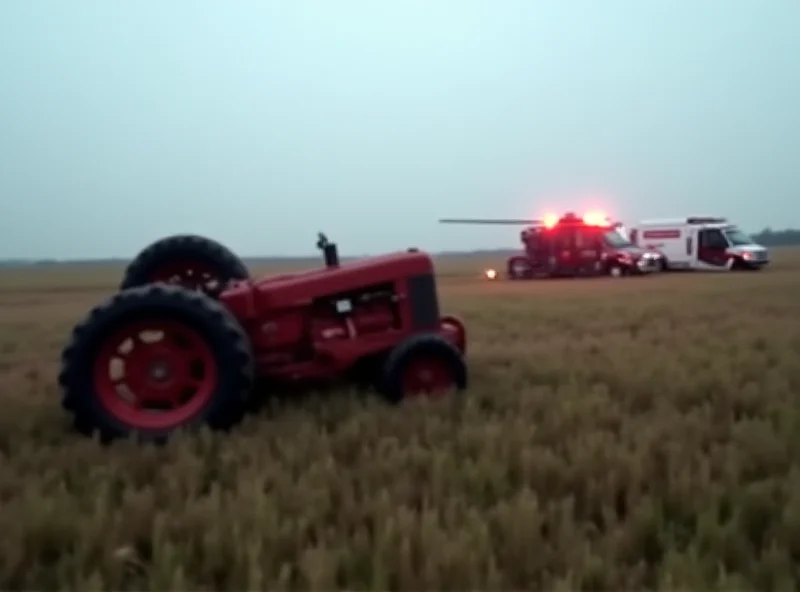 A blurred image of a tractor lying on its side in a field, with emergency vehicles in the background.