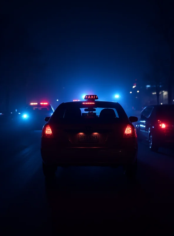 An abstract image of a taxi cab with police lights flashing in the background, suggesting a crime scene.