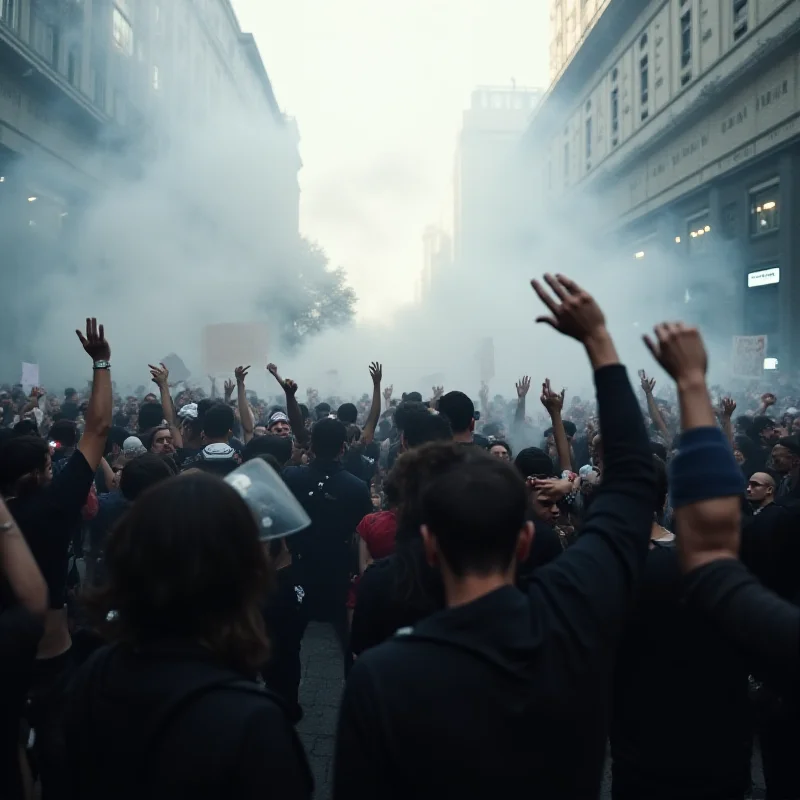 A wide shot of a large crowd of protestors in Athens, Greece, with smoke from tear gas filling the air.