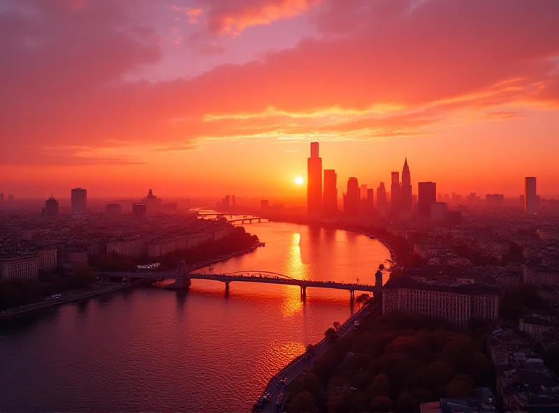 Panoramic view of a European city at sunset.