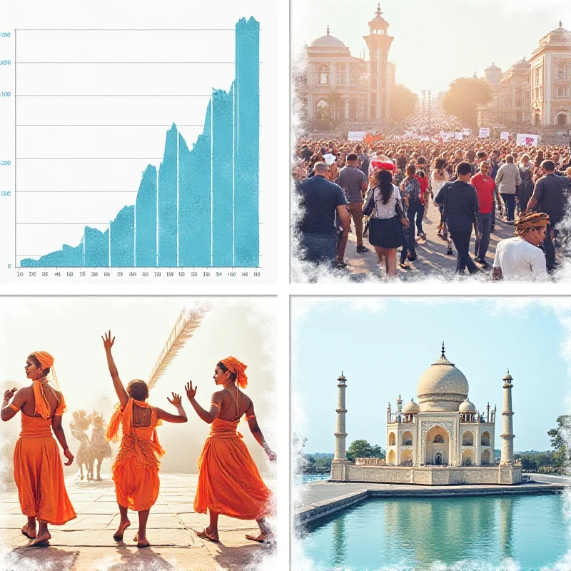 Collage of images representing news topics: a business chart, a political rally, a cultural performance, and a travel destination.