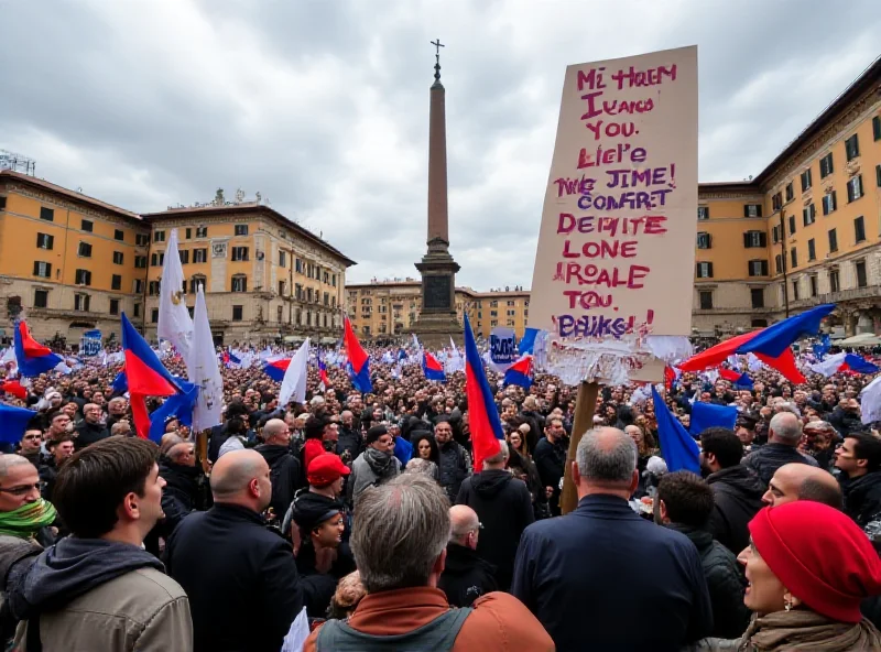 A large crowd gathered in Piazza del Popolo, waving European flags and holding signs promoting unity and freedom.