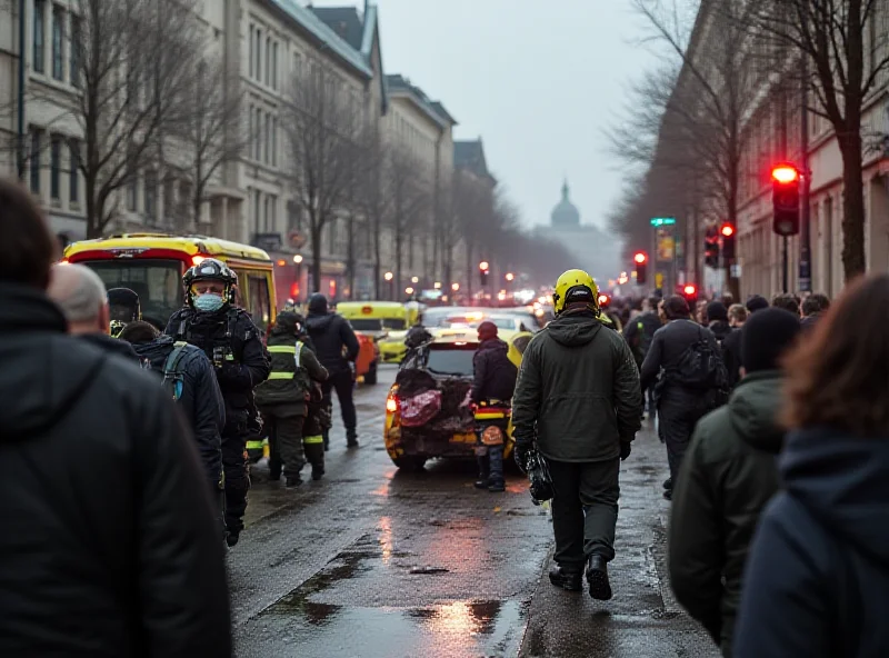 A news report screenshot showing the aftermath of a car incident in Mannheim, Germany, with emergency services and concerned citizens visible in the background.