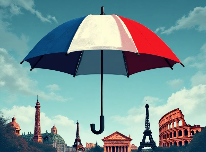 Illustration of a nuclear umbrella over Europe, with the French flag prominently displayed.