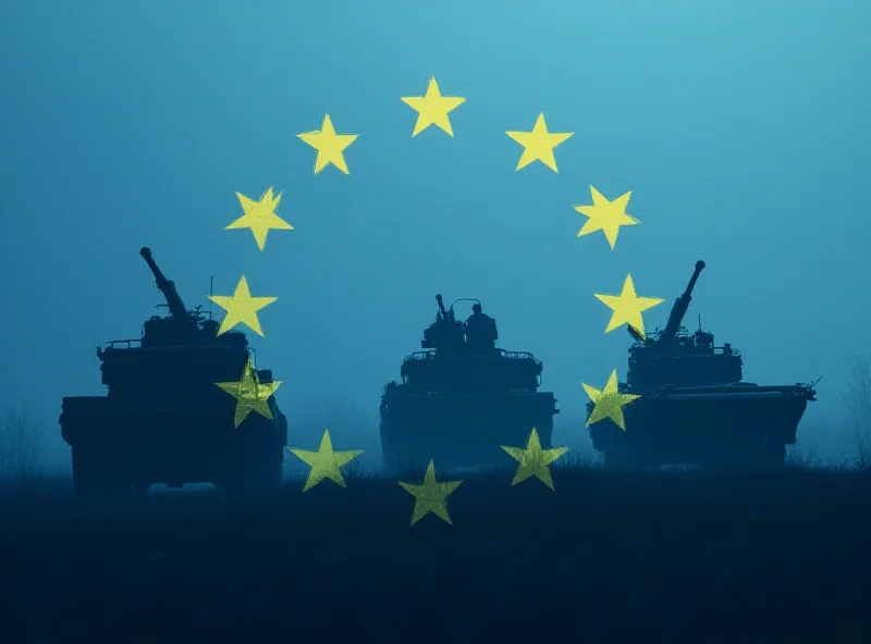 Image of the European Union flag with military equipment in the background, symbolizing increased defense spending.