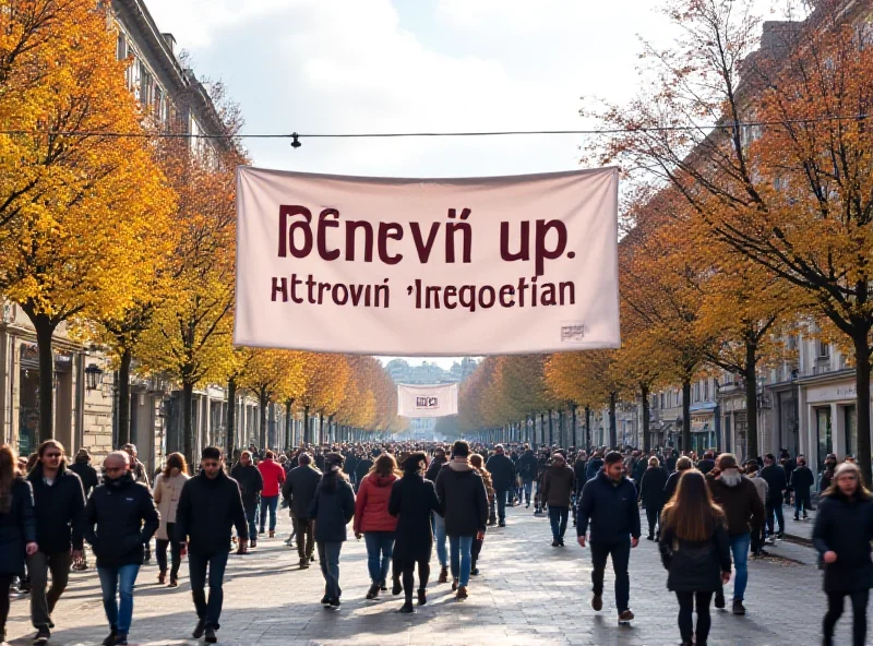 A public square in Europe with a banner displaying a Garibaldian slogan, symbolizing unity and historical ties.