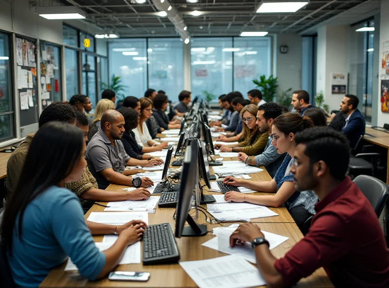 A diverse group of journalists working together in a bustling newsroom in Latin America.