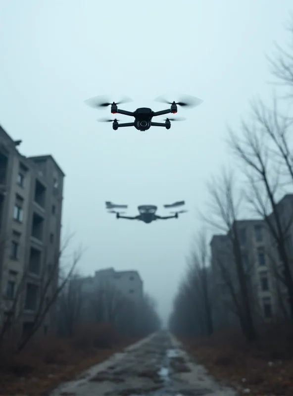 A reconnaissance drone flying over a war-torn landscape in Ukraine.