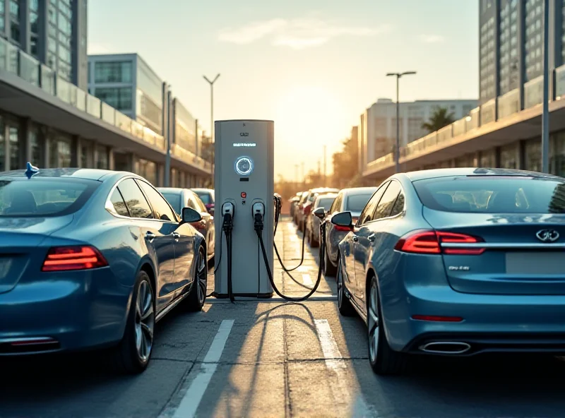 Charging station with multiple electric cars plugged in, showcasing the infrastructure needed for EV adoption.