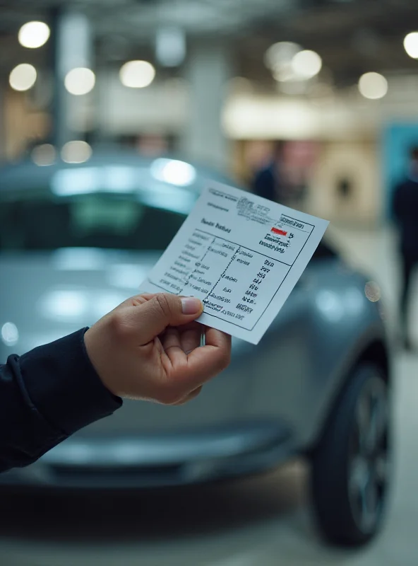 A person looking at the price tag of an electric car in a showroom, with a concerned expression.