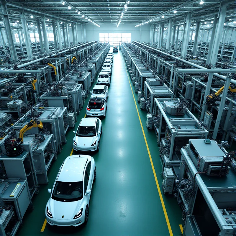 Aerial view of a modern electric car factory, showcasing the scale of battery production and assembly lines.