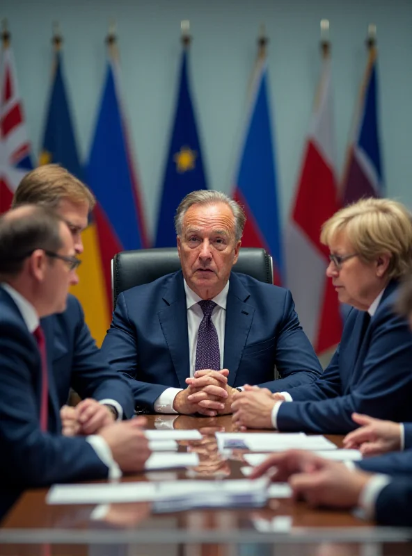 European leaders in a tense meeting discussing defense strategy and geopolitical challenges.