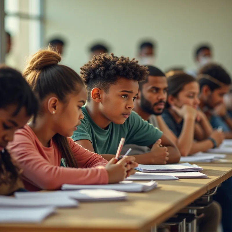 A group of students looking worried during a trial lesson in a Berlin Gymnasium.