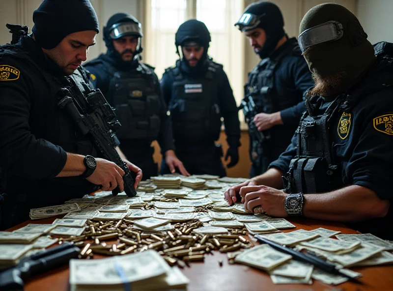 Romanian police officers conducting a search during a raid, with evidence visible.