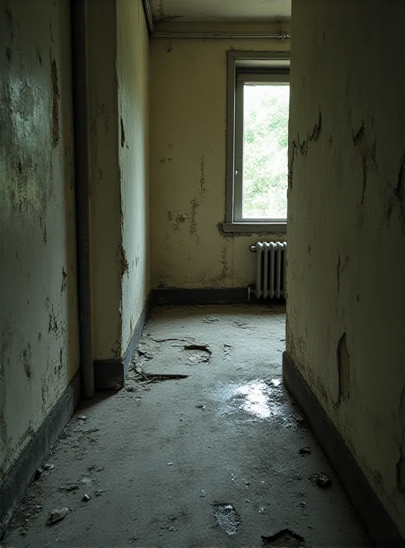 An apartment interior showing damaged floors and walls, indicating neglect and poor maintenance by previous tenants.