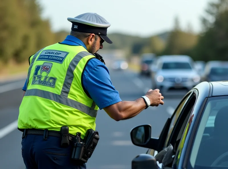 A police officer conducting a traffic stop, checking a driver's license and registration during a routine patrol.