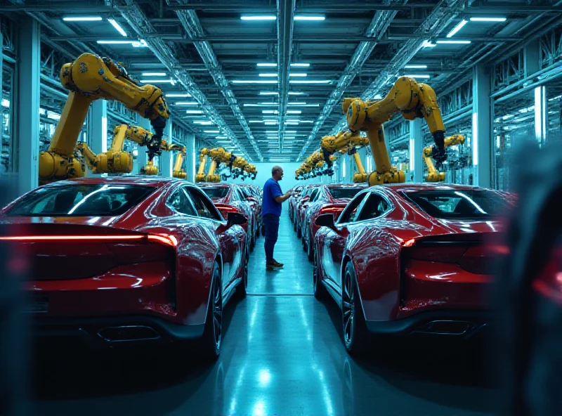 A modern car factory assembly line with robotic arms working on vehicles.