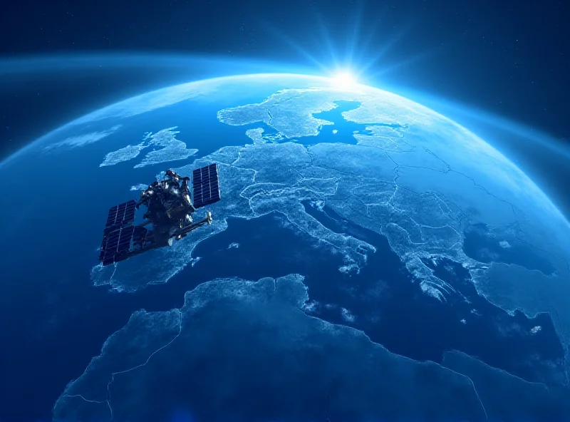 A digital illustration of a satellite orbiting Earth, with the European continent highlighted.