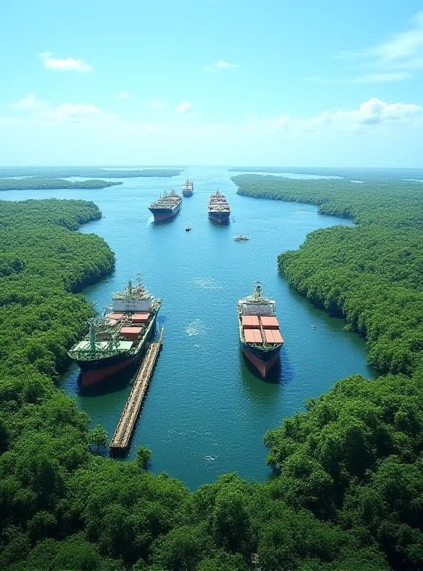 Illustration of the Panama Canal with cargo ships passing through it.