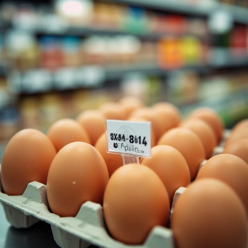 Close-up shot of a carton of eggs in a grocery store, highlighting the price tag.