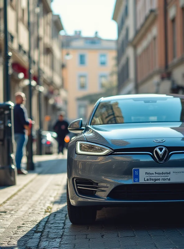 A modern electric car charging at a public charging station in a European city.