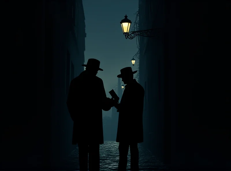 Illustration of shadowy figures exchanging documents in a European city at night