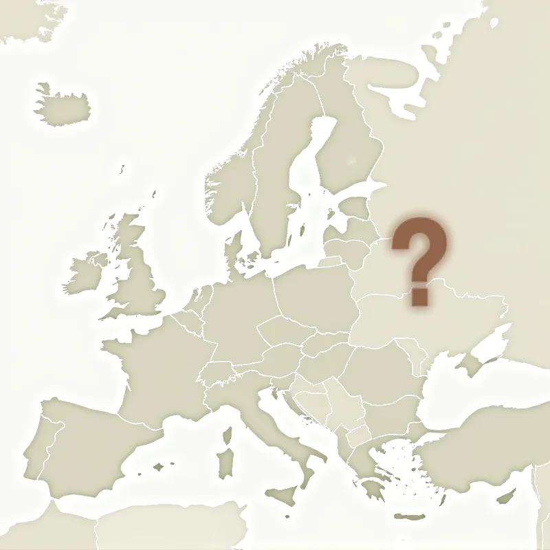 Illustration of a map highlighting Ukraine and surrounding European countries with a question mark over Ukraine.