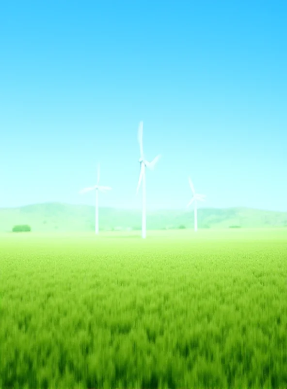 Wind turbines in a green field under a blue sky, representing renewable energy and climate action.