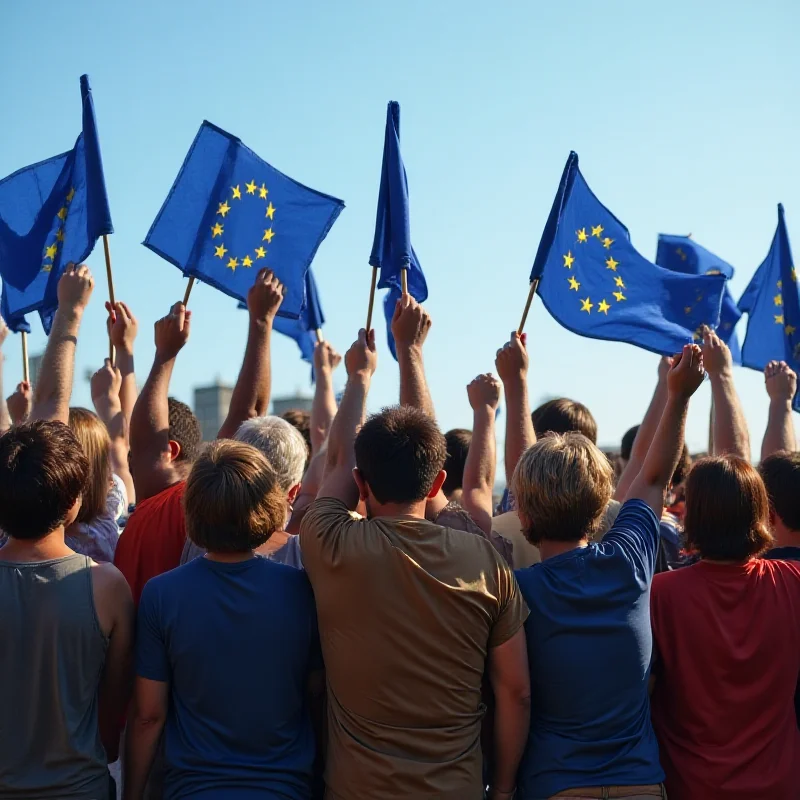 A diverse group of people standing together, holding European Union flags and looking towards the future, symbolizing unity and determination.