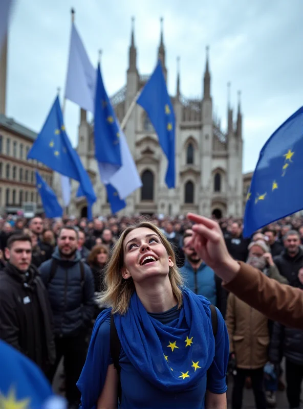 A crowd of people waving European Union flags at a pro-Europe demonstration.