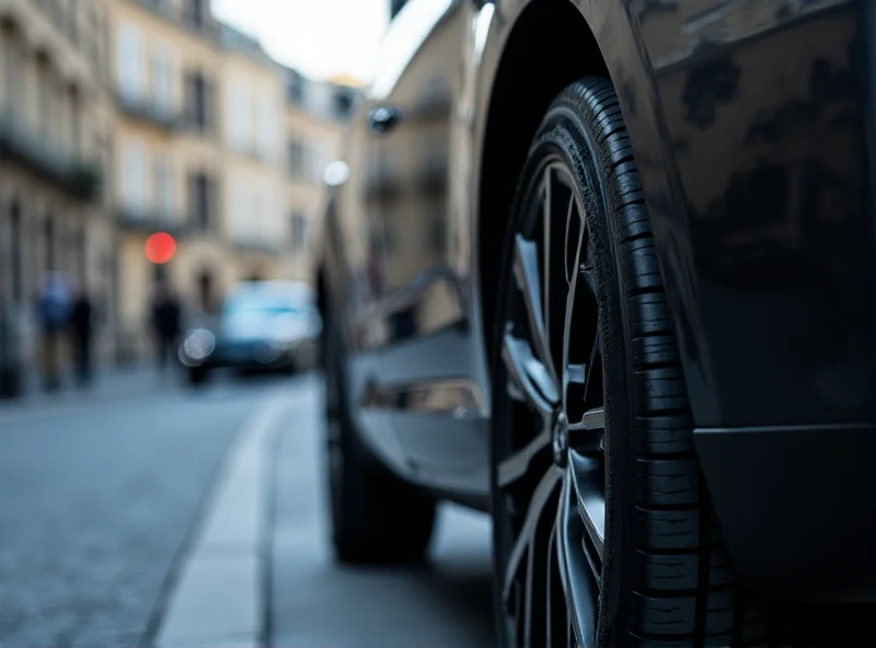 Close-up shot of a car tire on a European road.