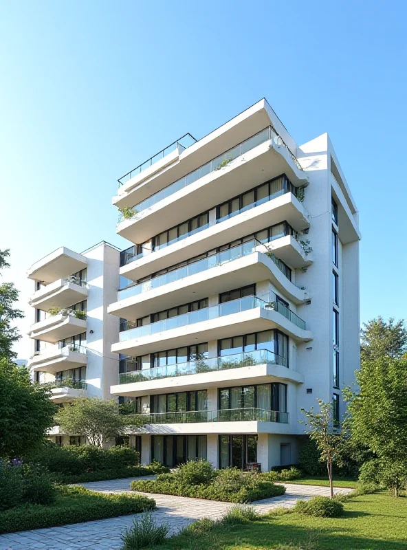 Modern European apartment building with balconies.