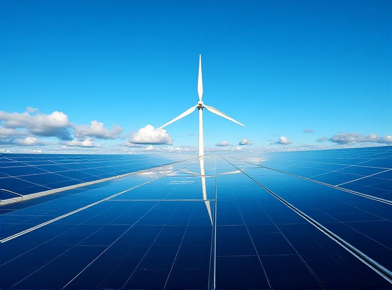 Photo of solar panels in a field with a wind turbine in the background, under a clear blue sky.