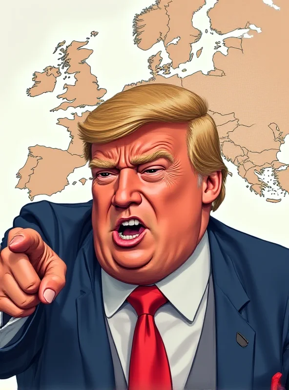 A digital illustration of Donald Trump pointing and speaking aggressively, with a stylized map of Europe in the background looking concerned.