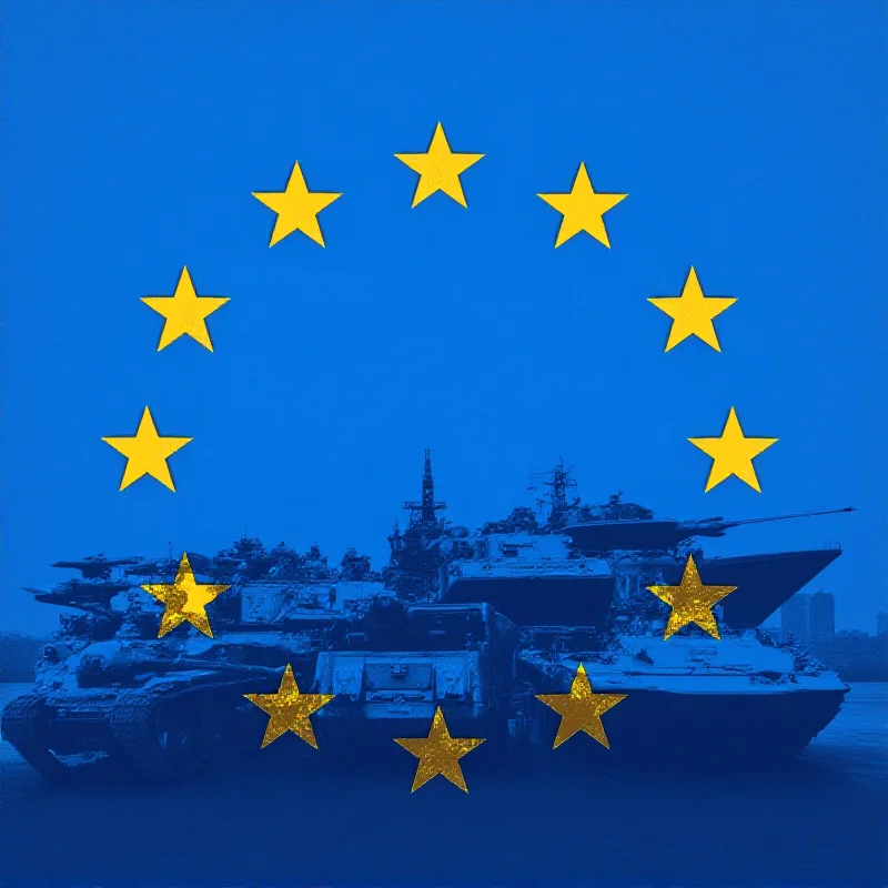 A stylized image representing the European Union flag with a subtle pattern of military equipment in the background, symbolizing increased defense spending.