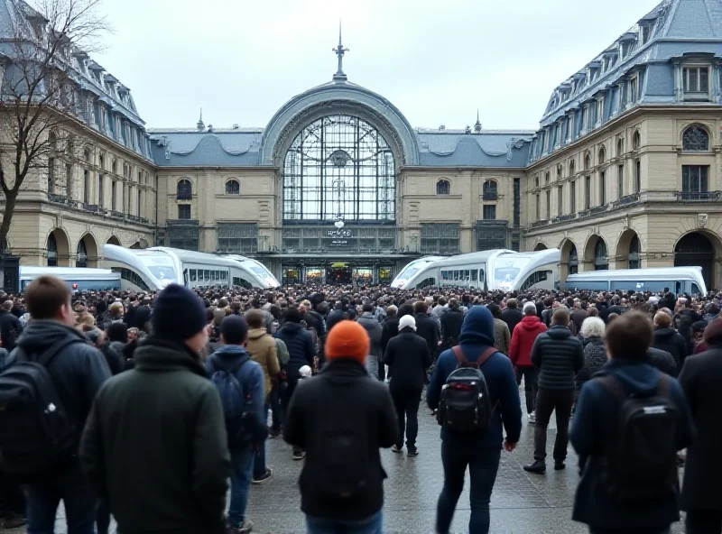 Exterior of the Gare du Nord train station in Paris, with crowds of people waiting outside.