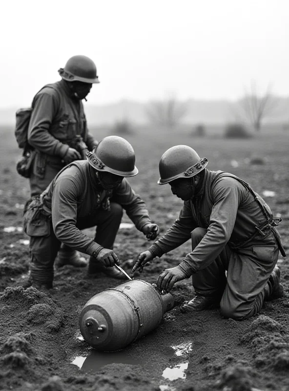 A black and white photo of a WWII bomb being defused by soldiers.