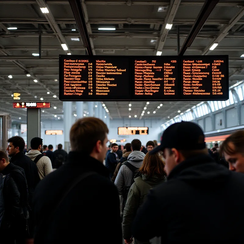 Interior shot of Gare du Nord, showing information boards displaying canceled train services.