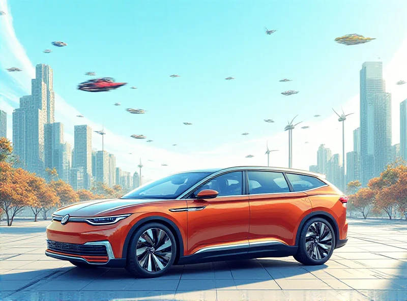 Illustration of the Volkswagen ID.EVERY1 concept car in a futuristic city setting.