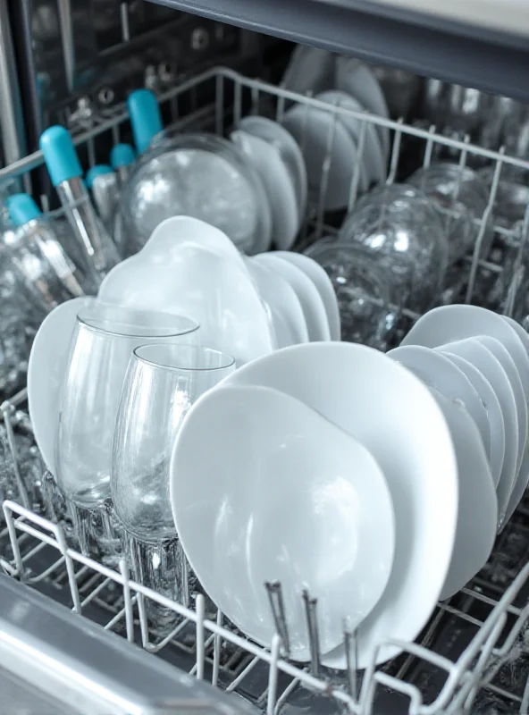 A close-up of a properly loaded dishwasher