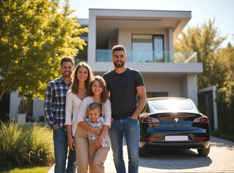 A happy family standing next to their electric car in front of their house with a charging station