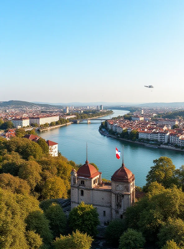 An aerial view of Bratislava, Slovakia, with the Slovak flag waving in the foreground.